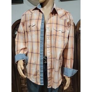 Stetson Plaid Shirt Mens Large Orange Pearl Snap Flip Cuff Sawtooth Western #R1